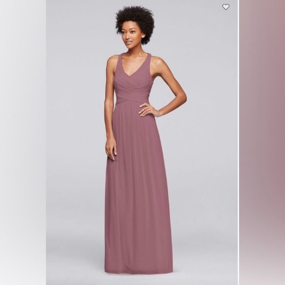 David's Bridal Quartz Long Mesh Criss Cross Back Bridesmaid Dress - Picture 11 of 13